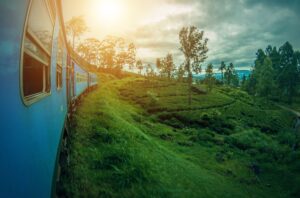 train in sri lanka with a sunset